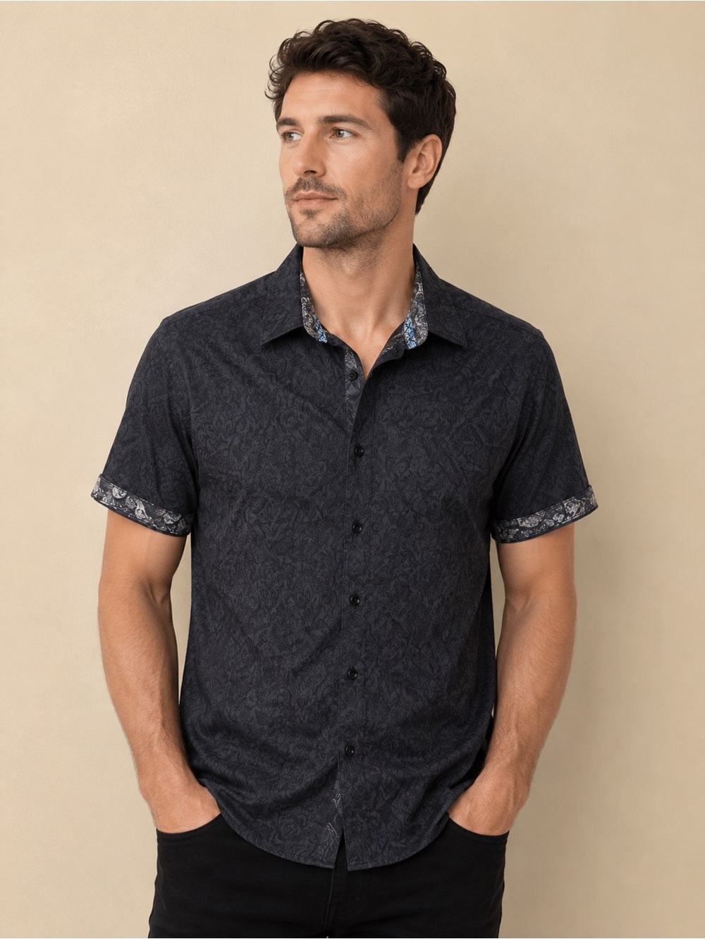 Robert Graham Bayview Jacquard Shirt Mens M Black Paisley Short Sleeve